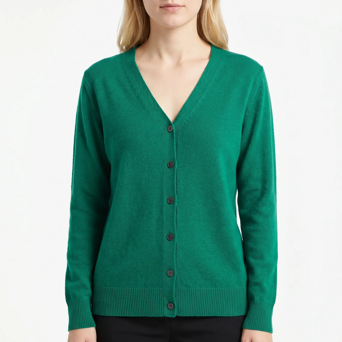 Women's V-neck cardigan with fine knit construction and button-up front