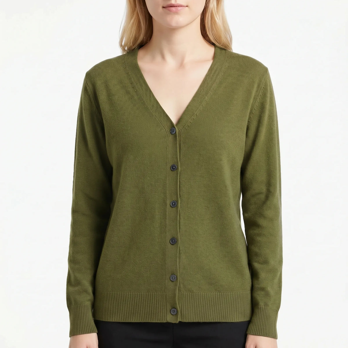 Women's V-neck cardigan with fine knit construction and button-up front