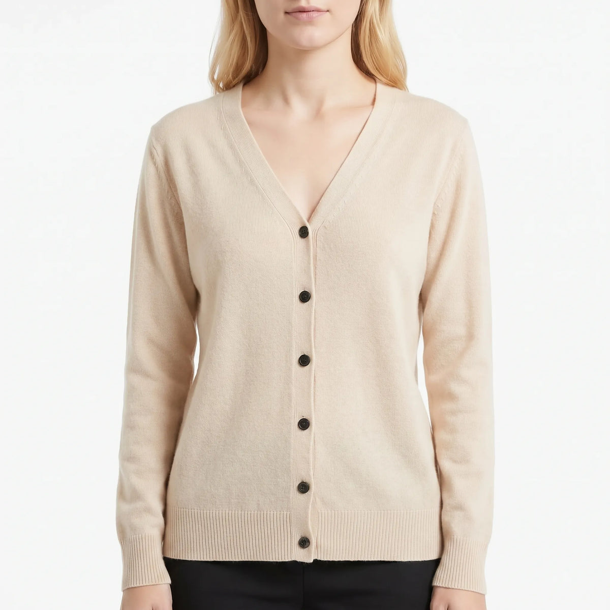 Women's V-neck cardigan with fine knit construction and button-up front