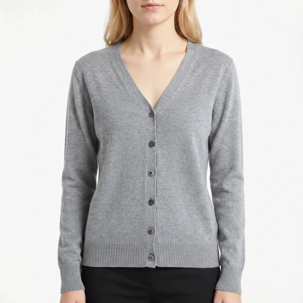 Women's V-neck cardigan with fine knit construction and button-up front