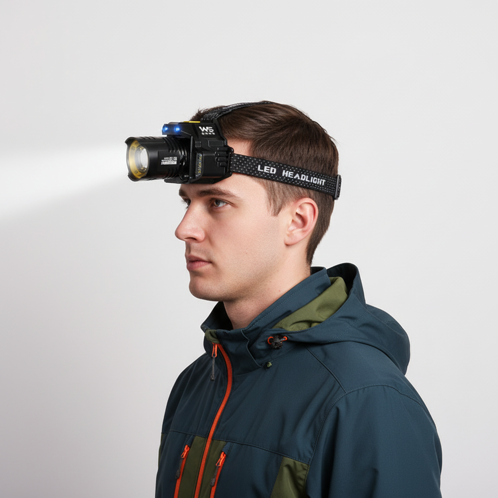 Rechargeable LED headlamp with hands-free headband and waterproof design