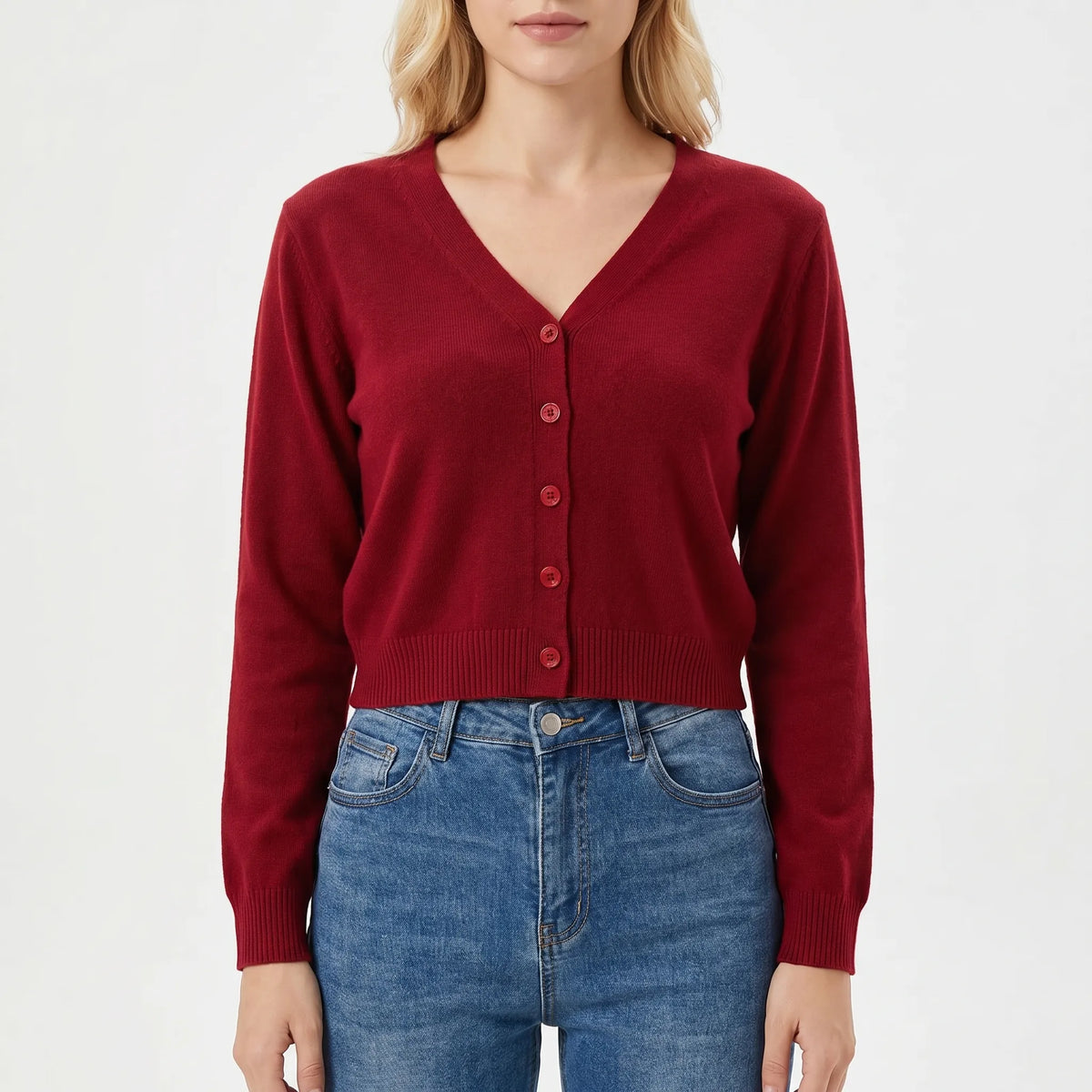 Women's cropped V-neck cardigan with ribbed cuffs and button-down front