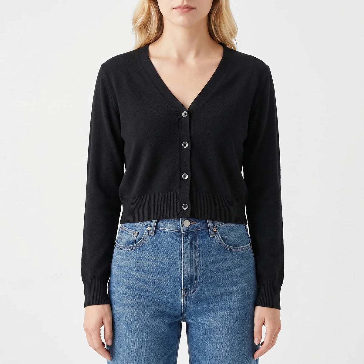 Women's cropped V-neck cardigan with ribbed cuffs and button-down front