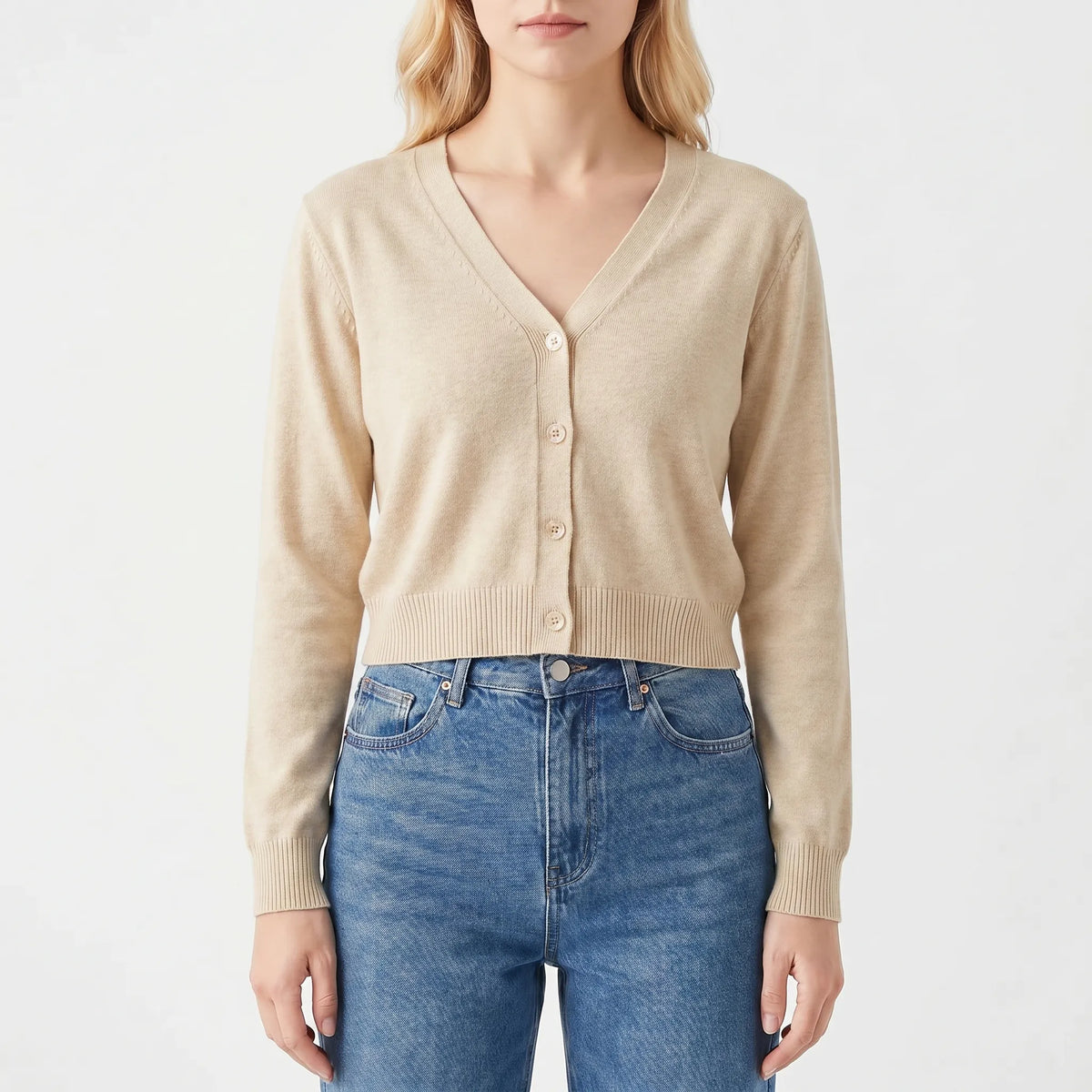 Women's cropped V-neck cardigan with ribbed cuffs and button-down front