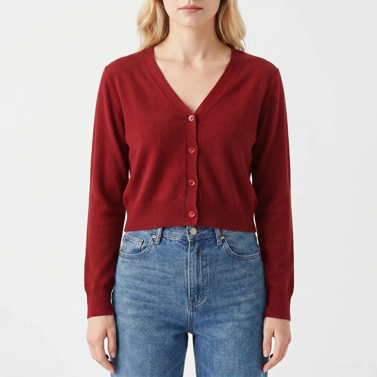 Women's cropped V-neck cardigan with ribbed cuffs and button-down front