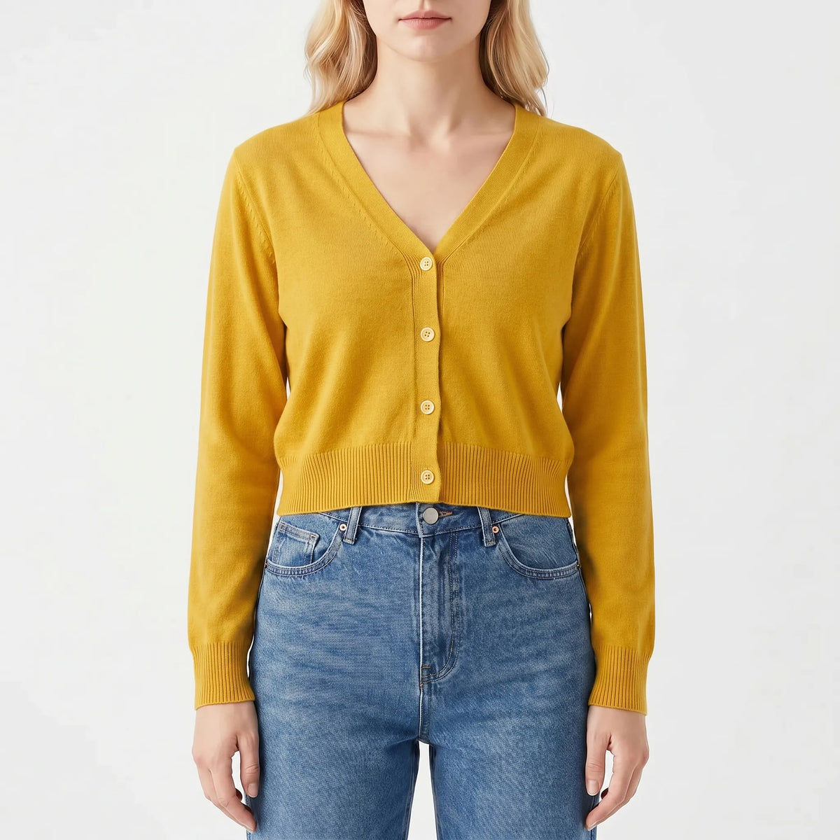 Women's cropped V-neck cardigan with ribbed cuffs and button-down front