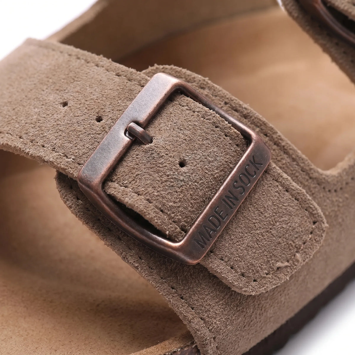 Dual-strap sandals with adjustable metal buckles and cork footbed