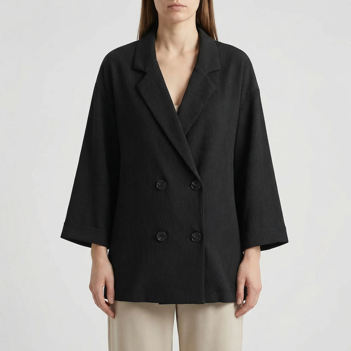 Women's crinkled double-breasted blazer and wide-leg pant set