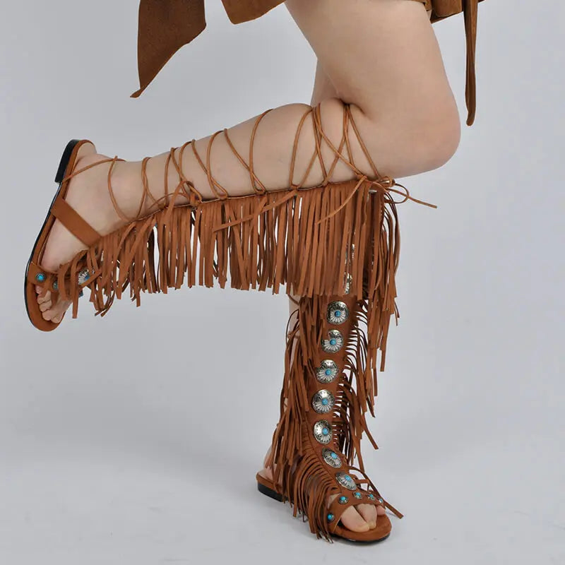 Ankle-high fringe sandals with lace-up closure and metallic stone details