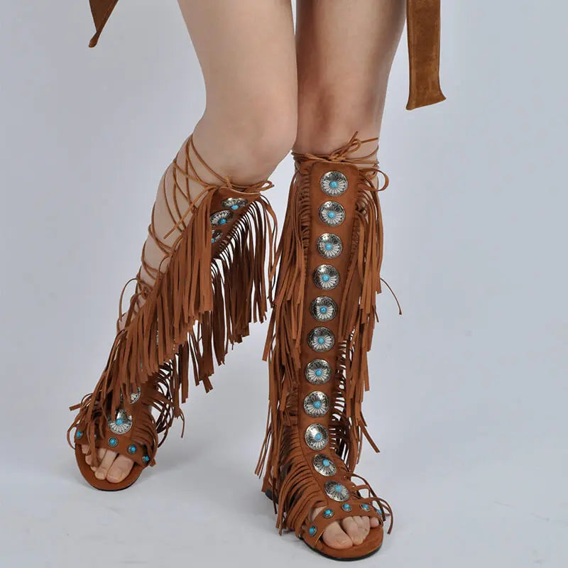 Ankle-high fringe sandals with lace-up closure and metallic stone details