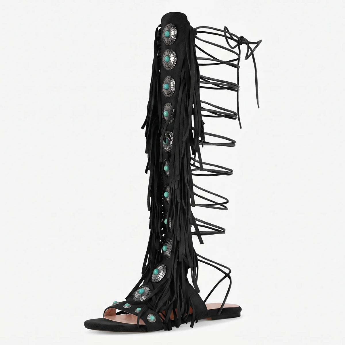Ankle-high fringe sandals with lace-up closure and metallic stone details
