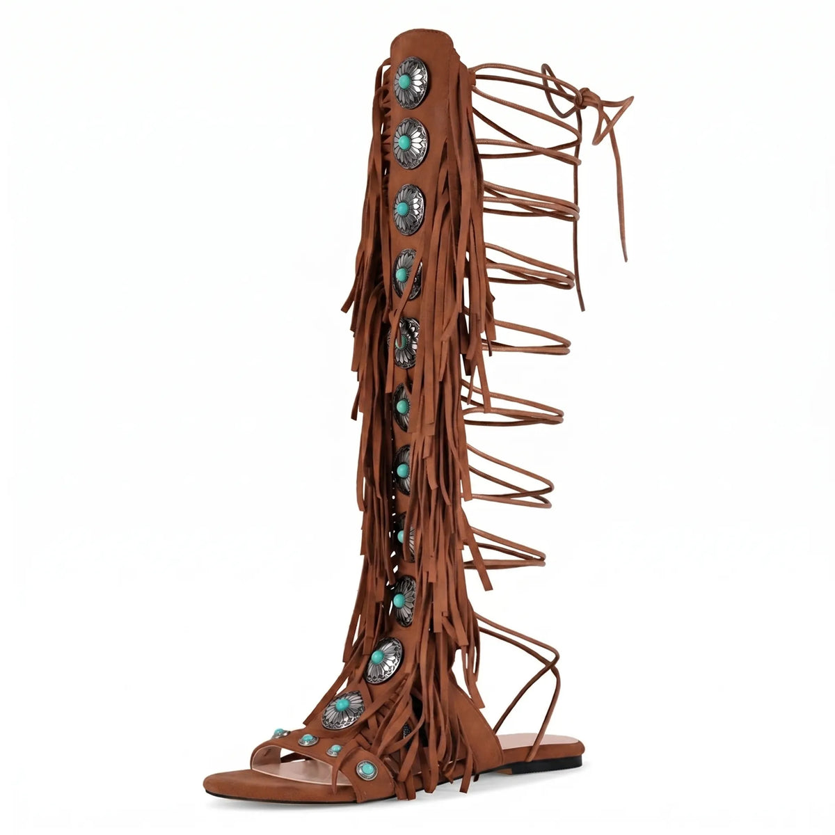 Ankle-high fringe sandals with lace-up closure and metallic stone details