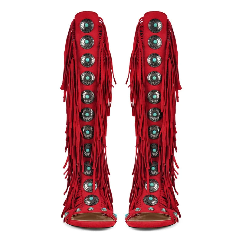 Ankle-high fringe sandals with lace-up closure and metallic stone details