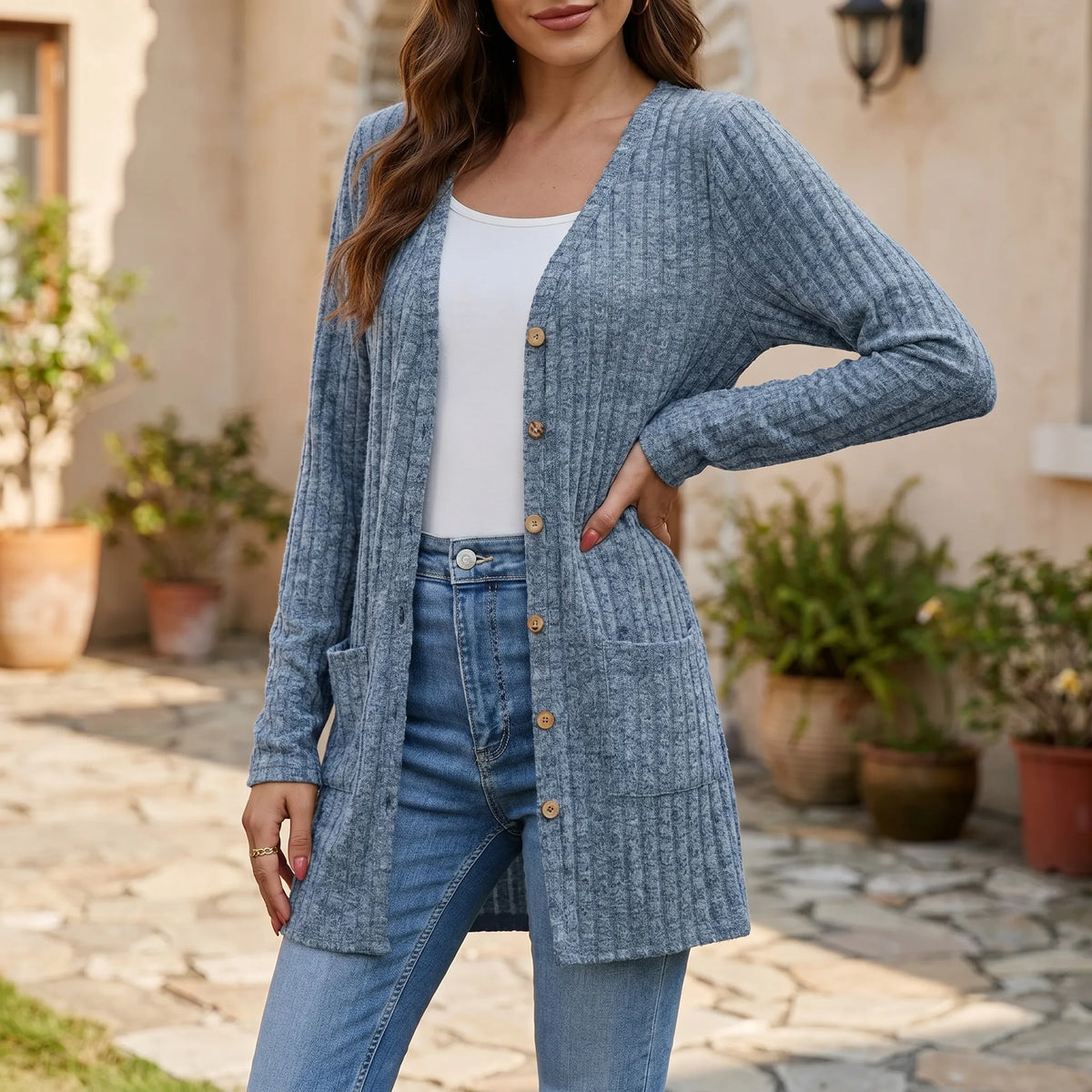 Longline ribbed cardigan with button front and patch pockets