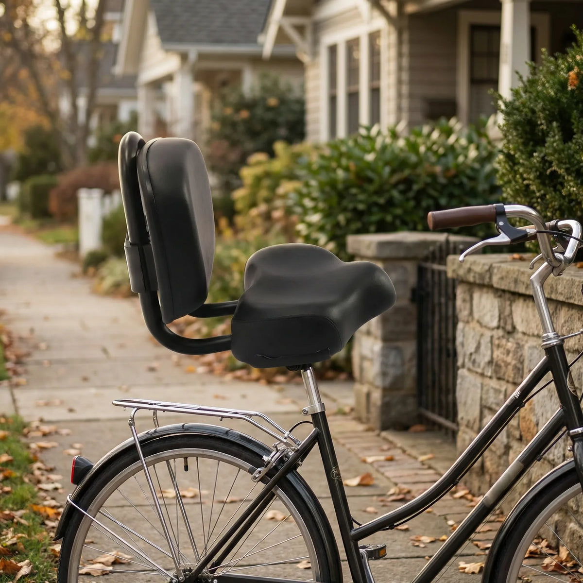 Wide padded bike saddle with integrated backrest support