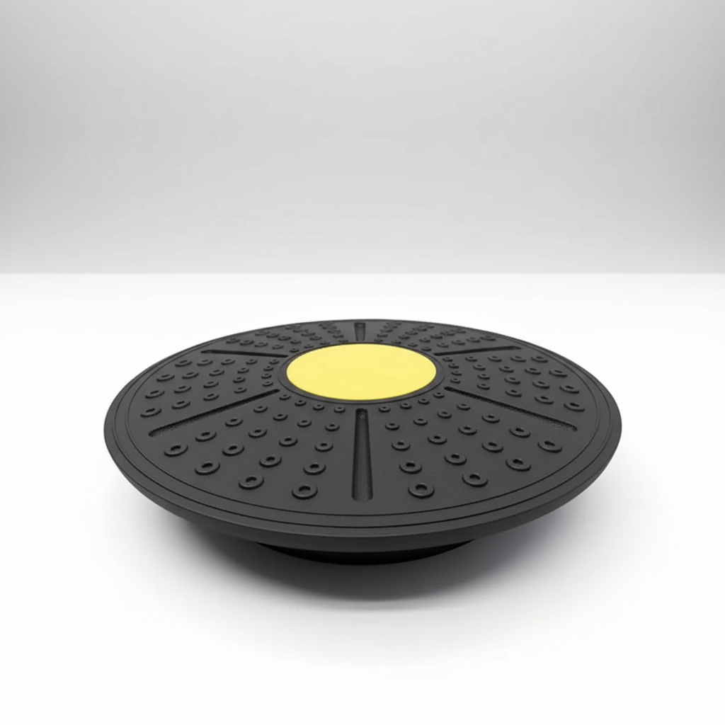 Round rubber balance board with textured traction surface for core strength training