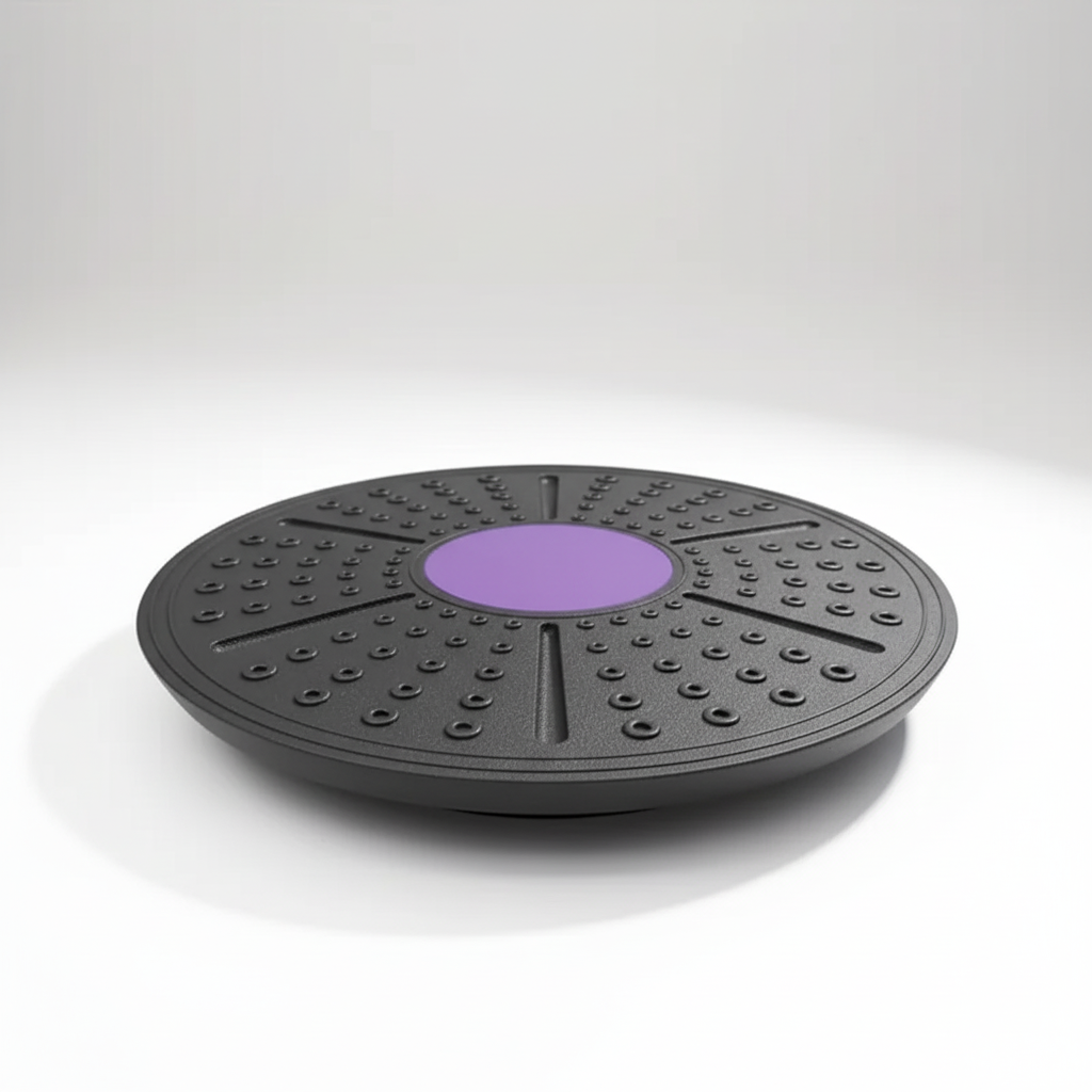 Round rubber balance board with textured traction surface for core strength training