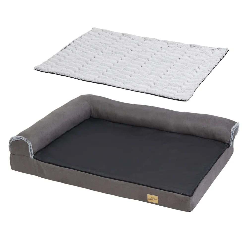 Dog sofa bed with L-shaped bolster and raised headrest for full-body support