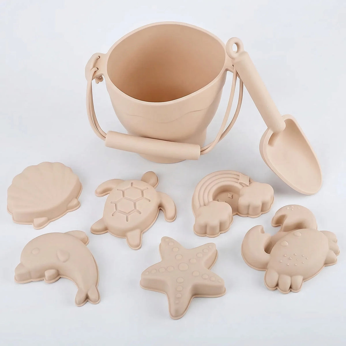 Kids beach toy set with bucket, spade and sea creature sand moulds