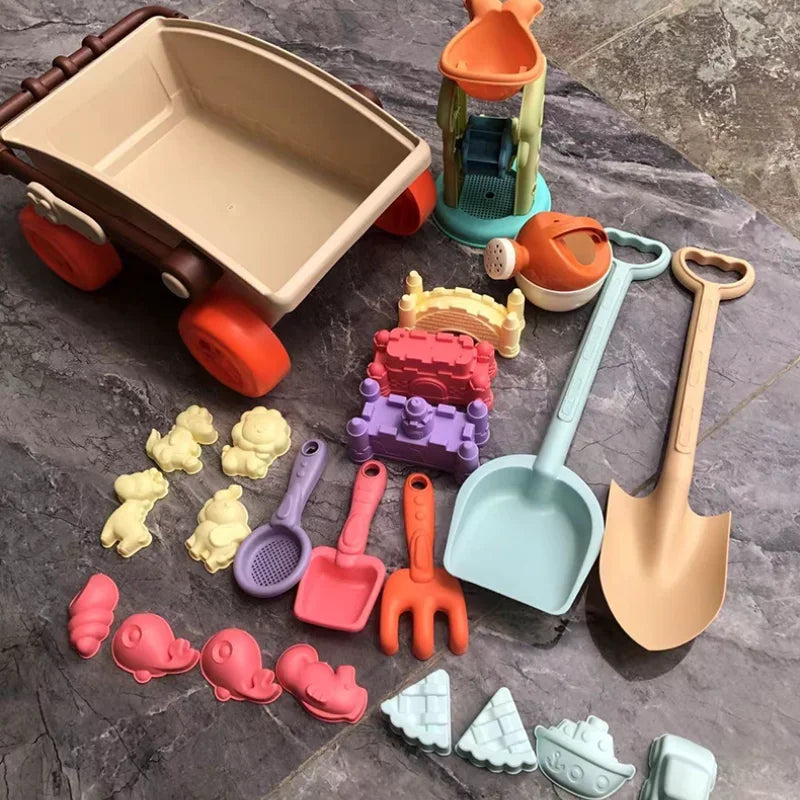Kids beach play set with trolley and sand moulds for creative play