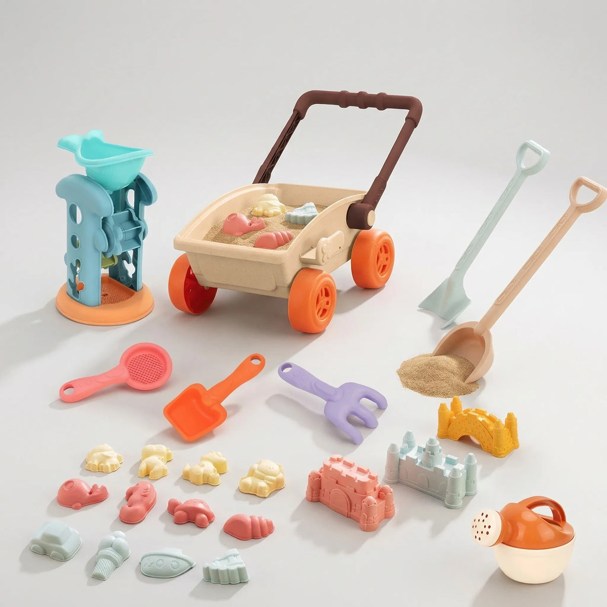 Kids beach play set with trolley and sand moulds for creative play