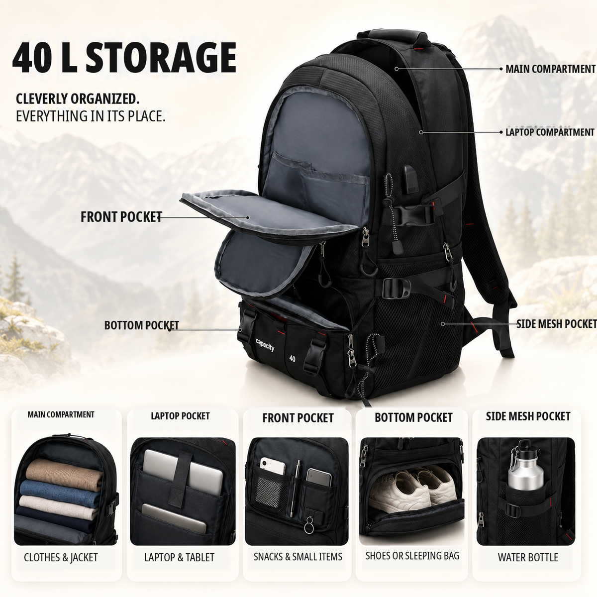 Thrives Outdoor | BergTrail Pro 40L Hiking Backpack with USB Charging