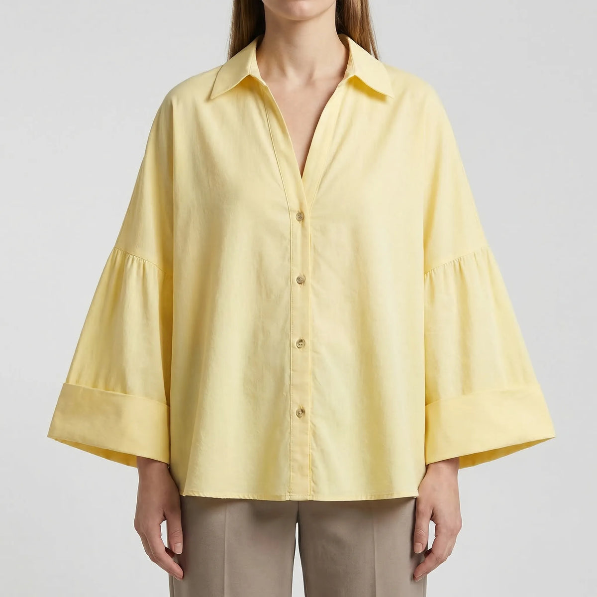 Long sleeve V-neck blouse with loose fit and breathable lightweight fabric
