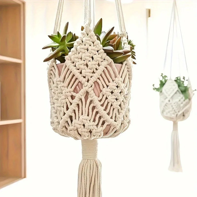 Boho macrame woven plant hanger with geometric knotted design and tassel finish