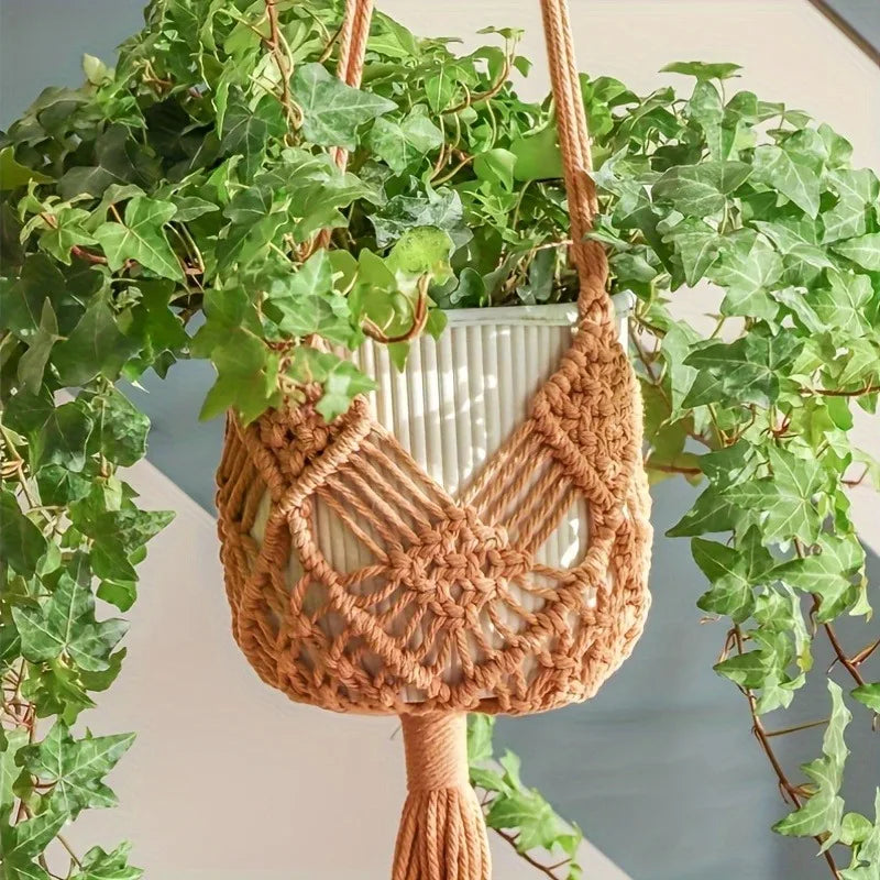 Boho macrame woven plant hanger with geometric knotted design and tassel finish