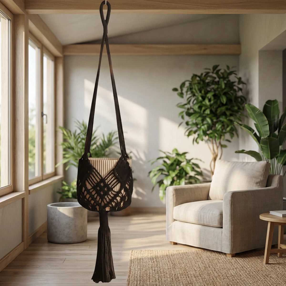 Boho macrame woven plant hanger with geometric knotted design and tassel finish