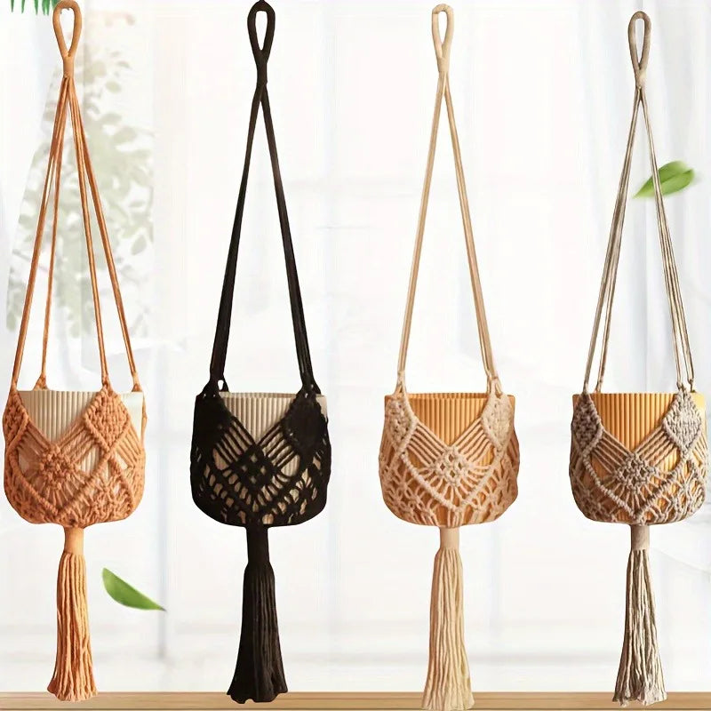 Boho macrame woven plant hanger with geometric knotted design and tassel finish