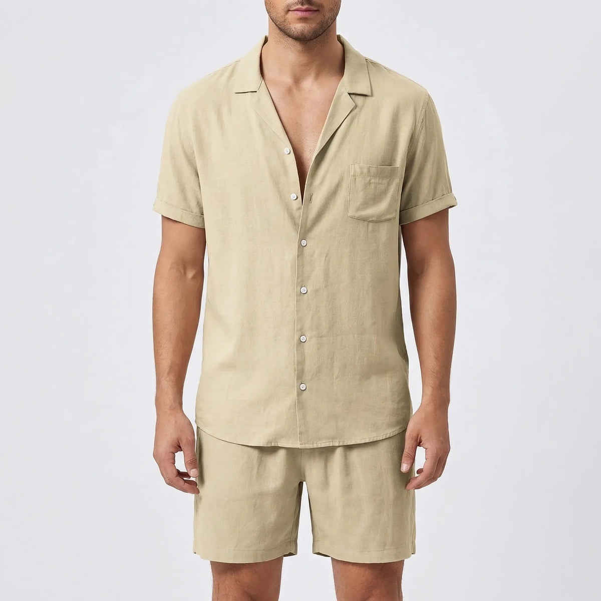 Men's short sleeve shirt and shorts set with breathable cotton-linen fabric