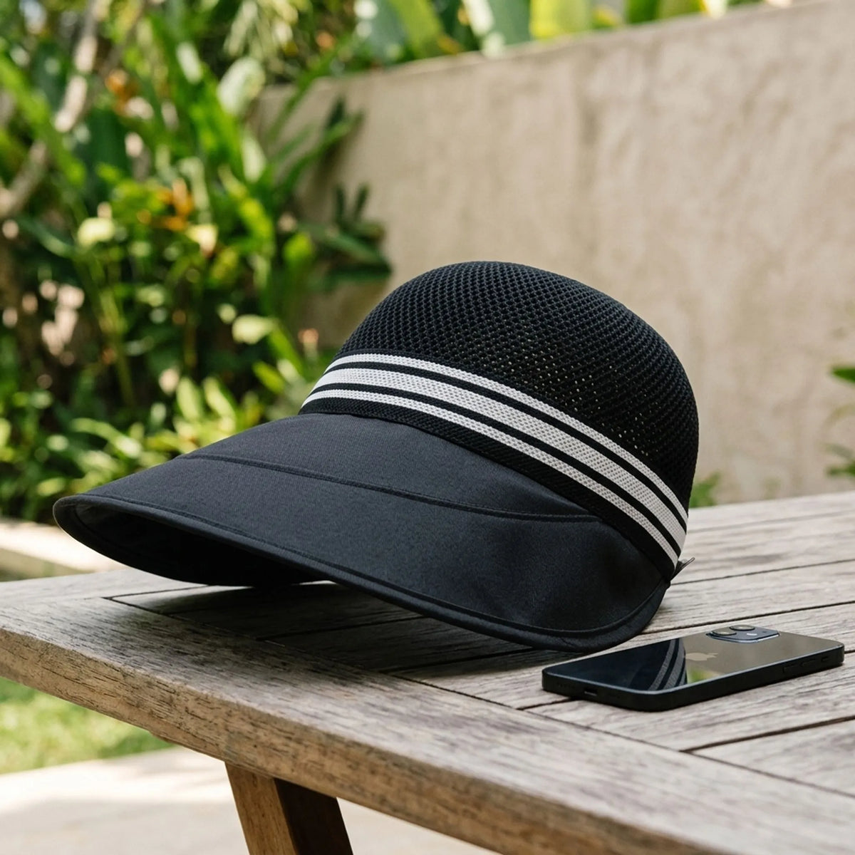 Wide brim summer hat with breathable open-knit crown and extended front peak