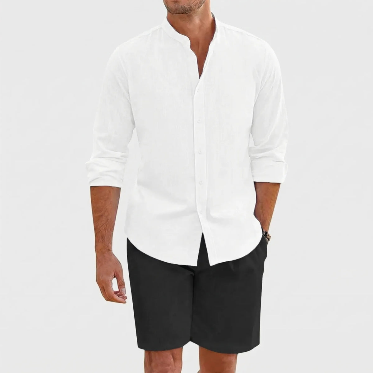 Men's relaxed fit shirt and shorts set with band collar, breathable fabric