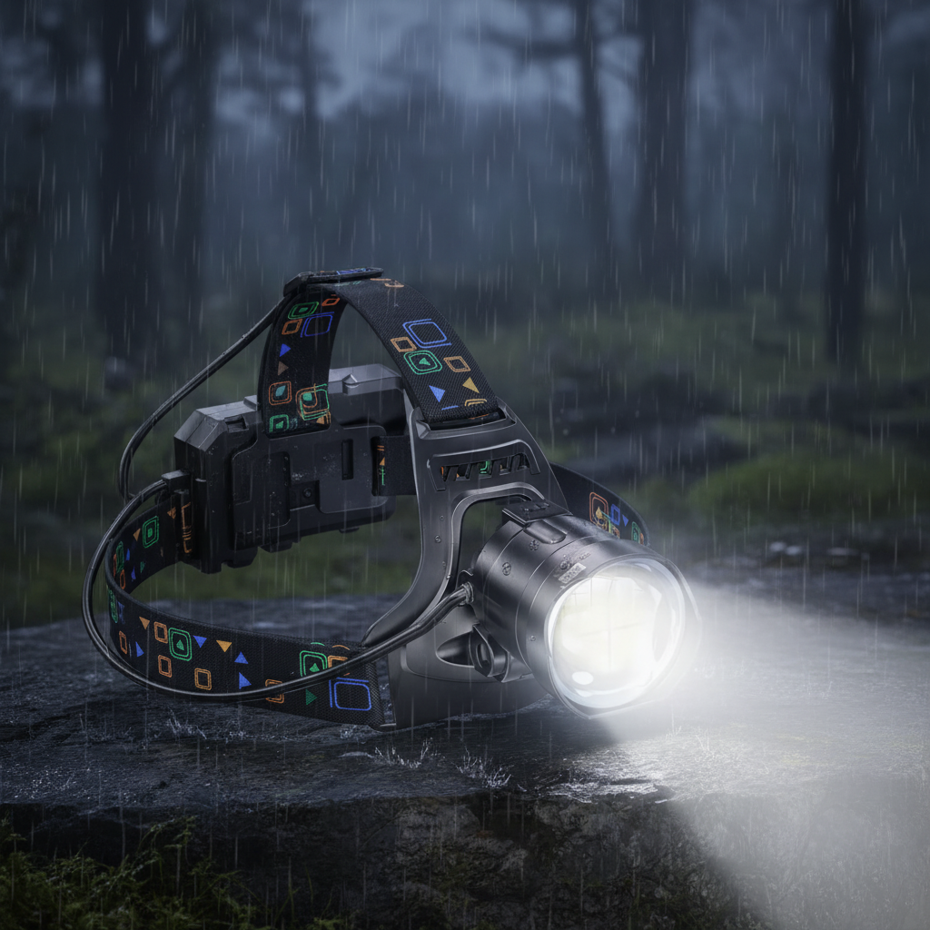 Rechargeable headlamp with zoomable XHP100 LED and waterproof housing