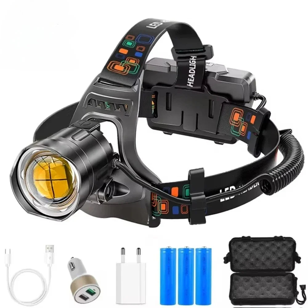 Rechargeable headlamp with zoomable XHP100 LED and waterproof housing