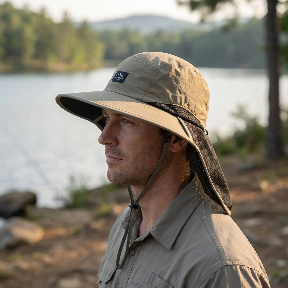 Wide-brim outdoor hat with neck protection and UV shade