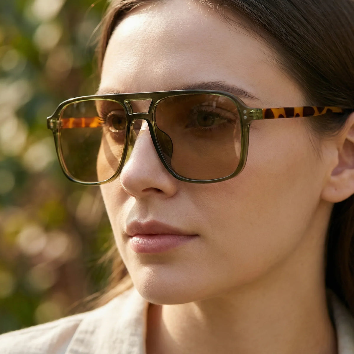 Retro square sunglasses with double bridge and rivet detailing