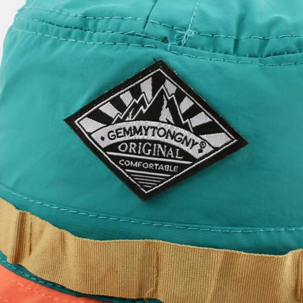Colour-block bucket hat with quick-dry fabric and adjustable chin strap