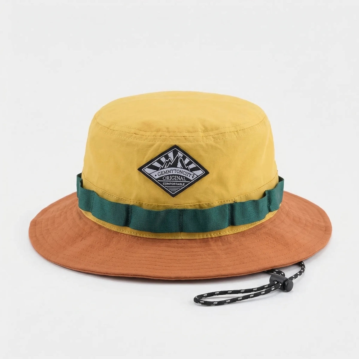 Colour-block bucket hat with quick-dry fabric and adjustable chin strap