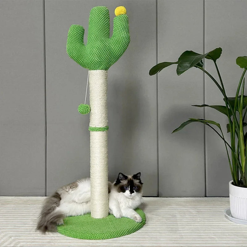 Cactus-shaped cat scratching post with tall rope post and dangling pompom balls