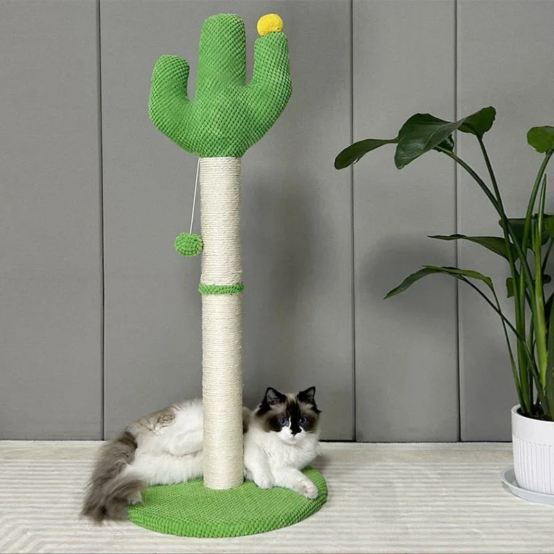 Cactus-shaped cat scratching post with tall rope post and dangling pompom balls