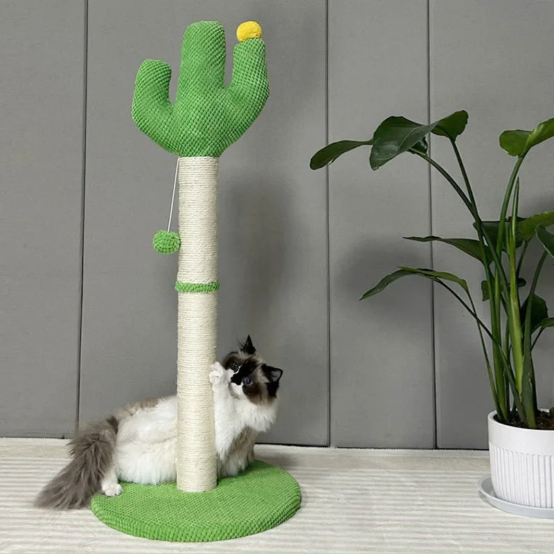 Cactus-shaped cat scratching post with tall rope post and dangling pompom balls