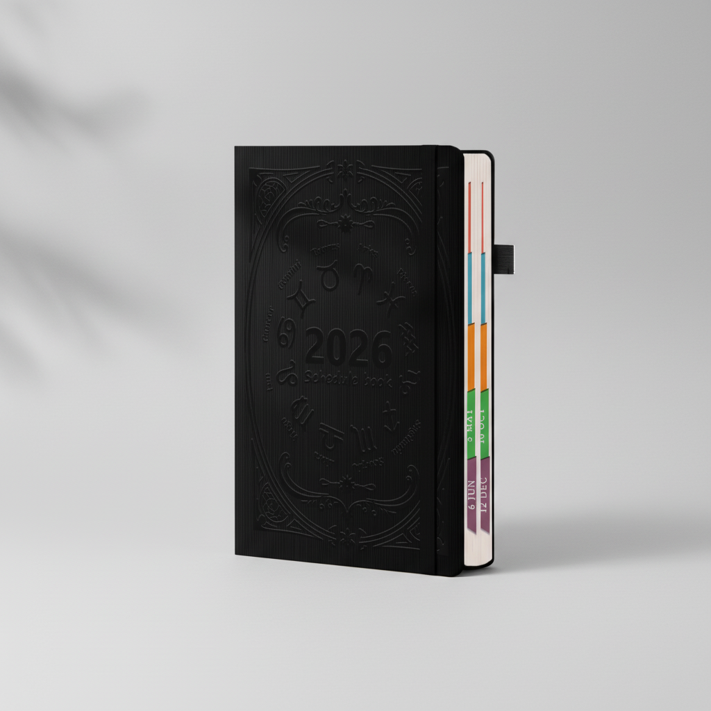 A5 daily planner with colour-coded vertical month tabs and textured cover