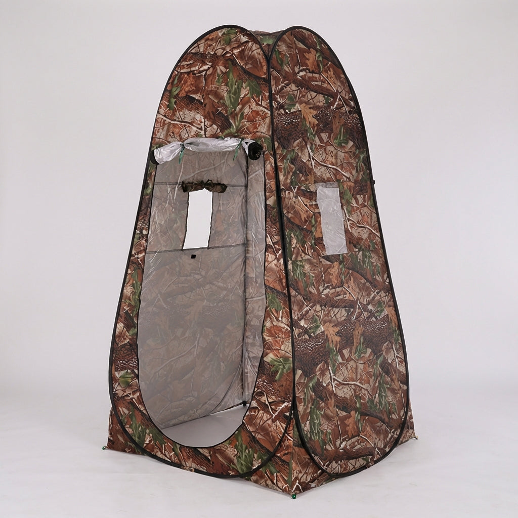Pop-up privacy tent with ventilated mesh windows and compact carry bag