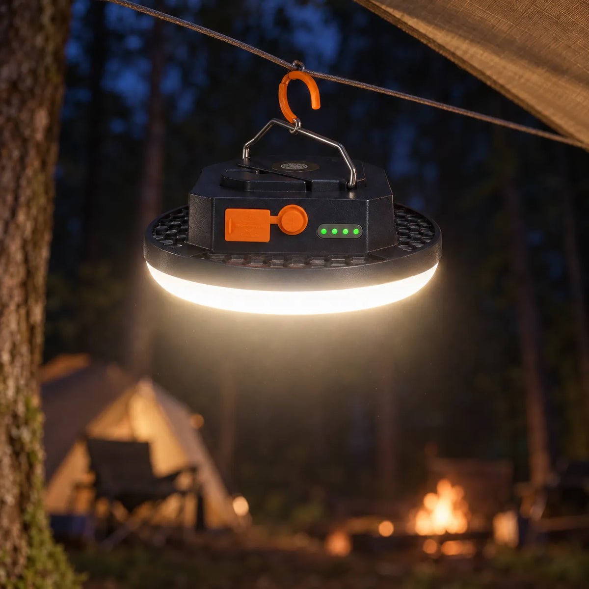 Rechargeable camping lantern with LED light, magnetic base and hanging hook