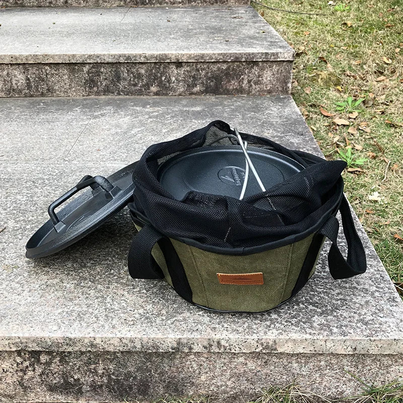 Round camping cookware tote bag with drawcord closure and reinforced handles