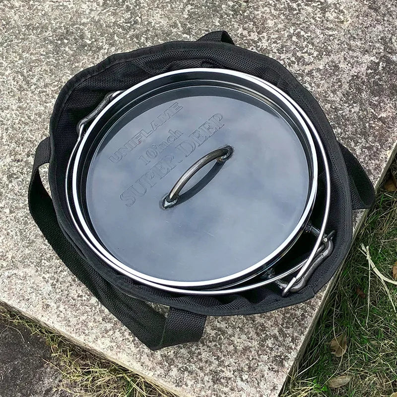 Round camping cookware tote bag with drawcord closure and reinforced handles