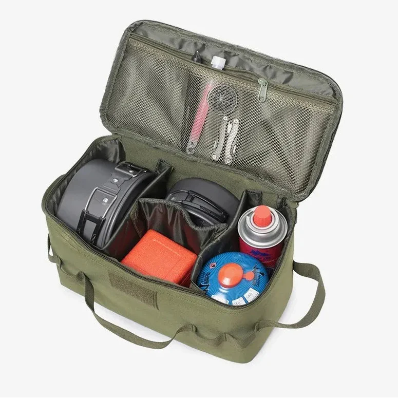 Large camping storage bag for canisters and cookware with reinforced handles
