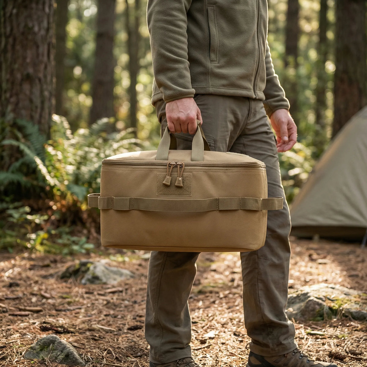 Large camping storage bag for canisters and cookware with reinforced handles